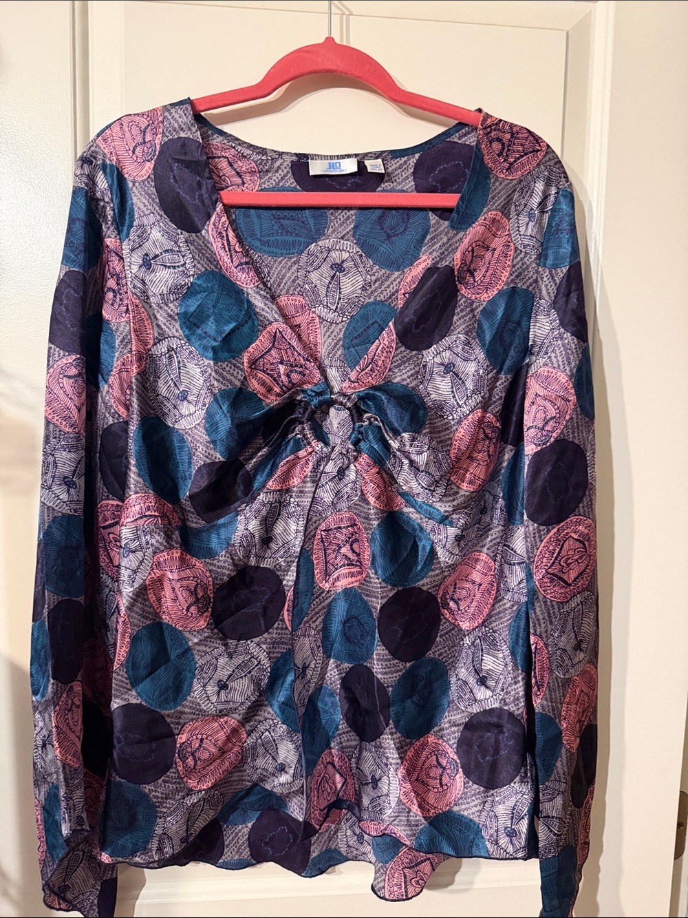 Jennifer Lopez Long-Sleeve Tie-Front Top in Pink, Teal & Navy